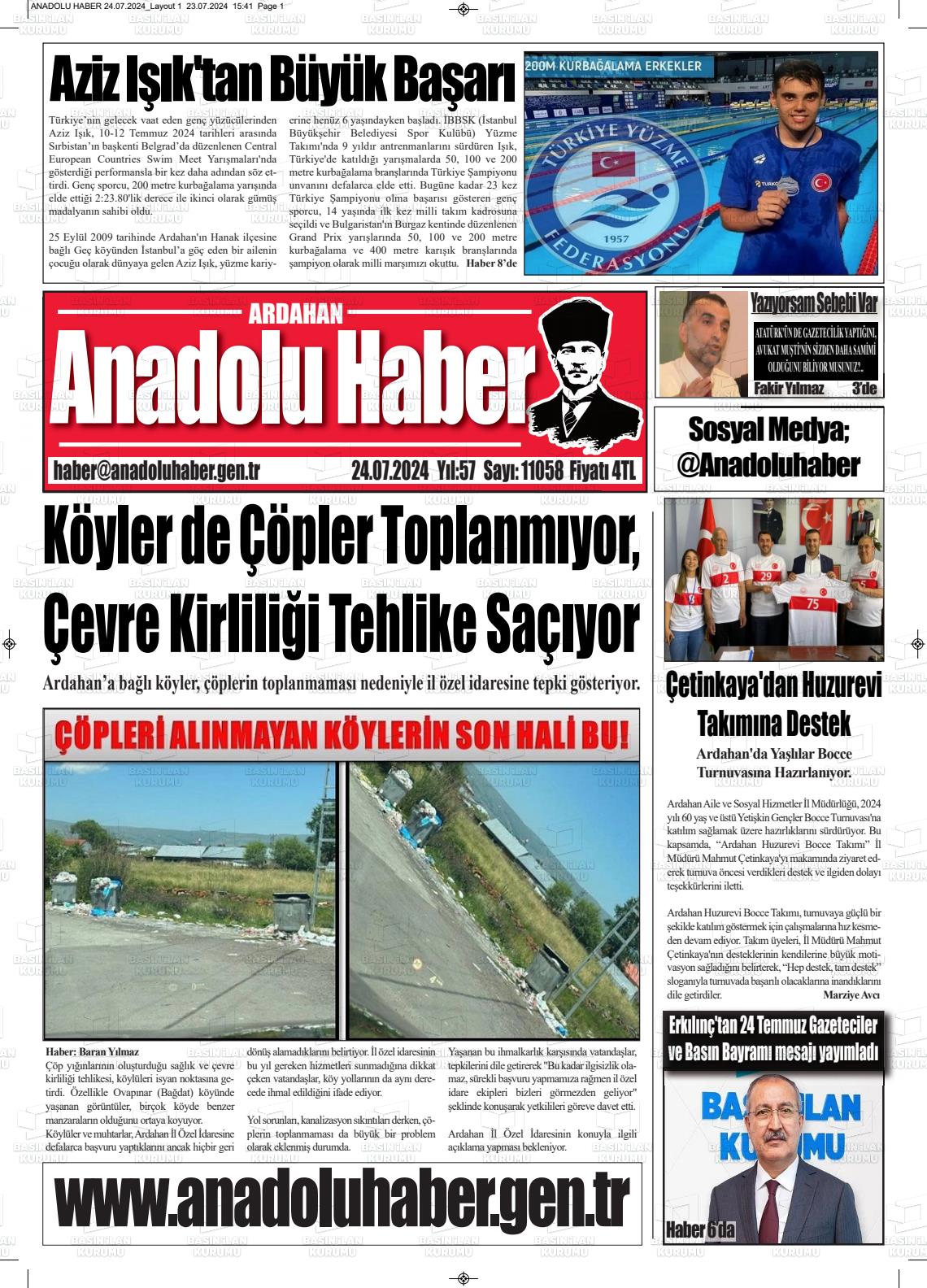 24 Temmuz 2024 Ardahan Anadolu Haber Gazete Manşeti