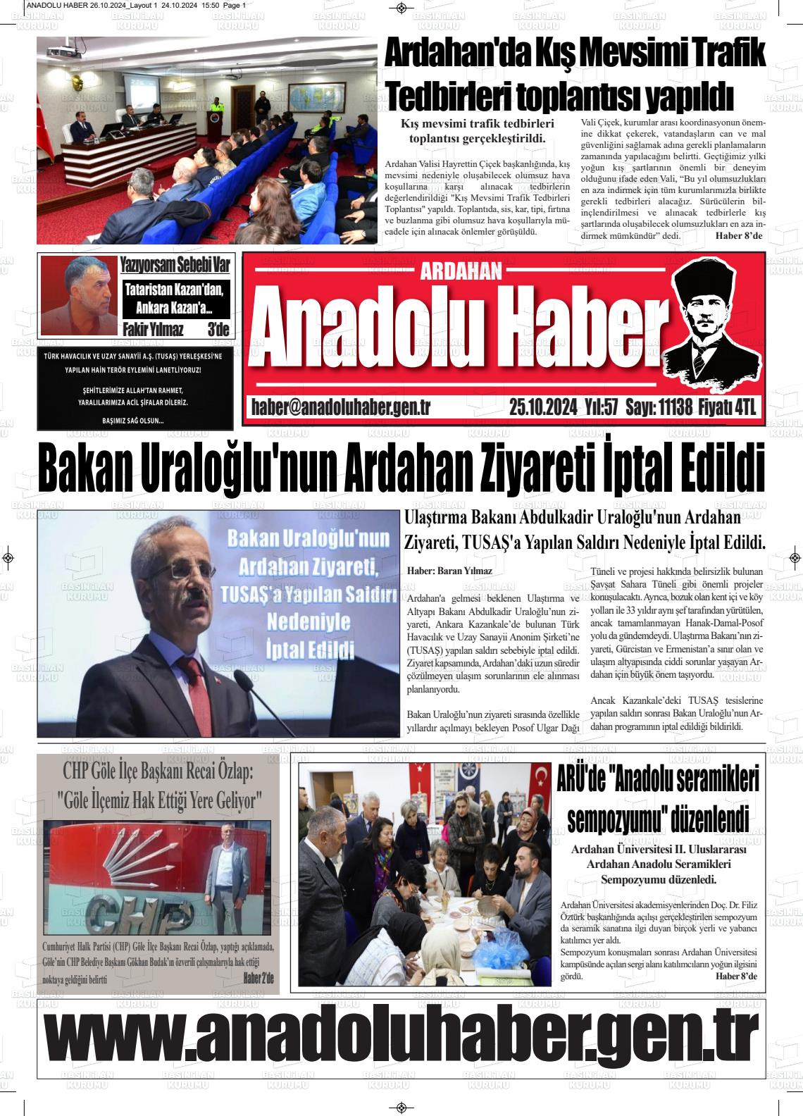 25 Ekim 2024 Ardahan Anadolu Haber Gazete Manşeti