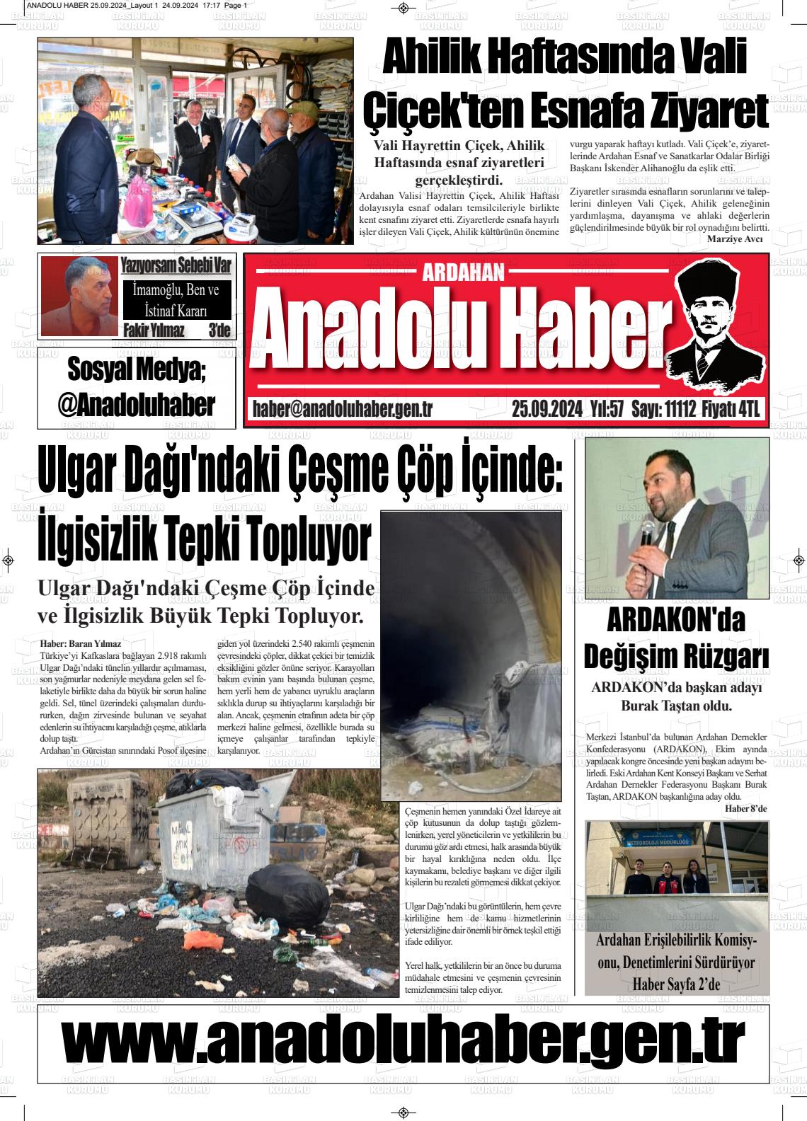 25 Eylül 2024 Ardahan Anadolu Haber Gazete Manşeti