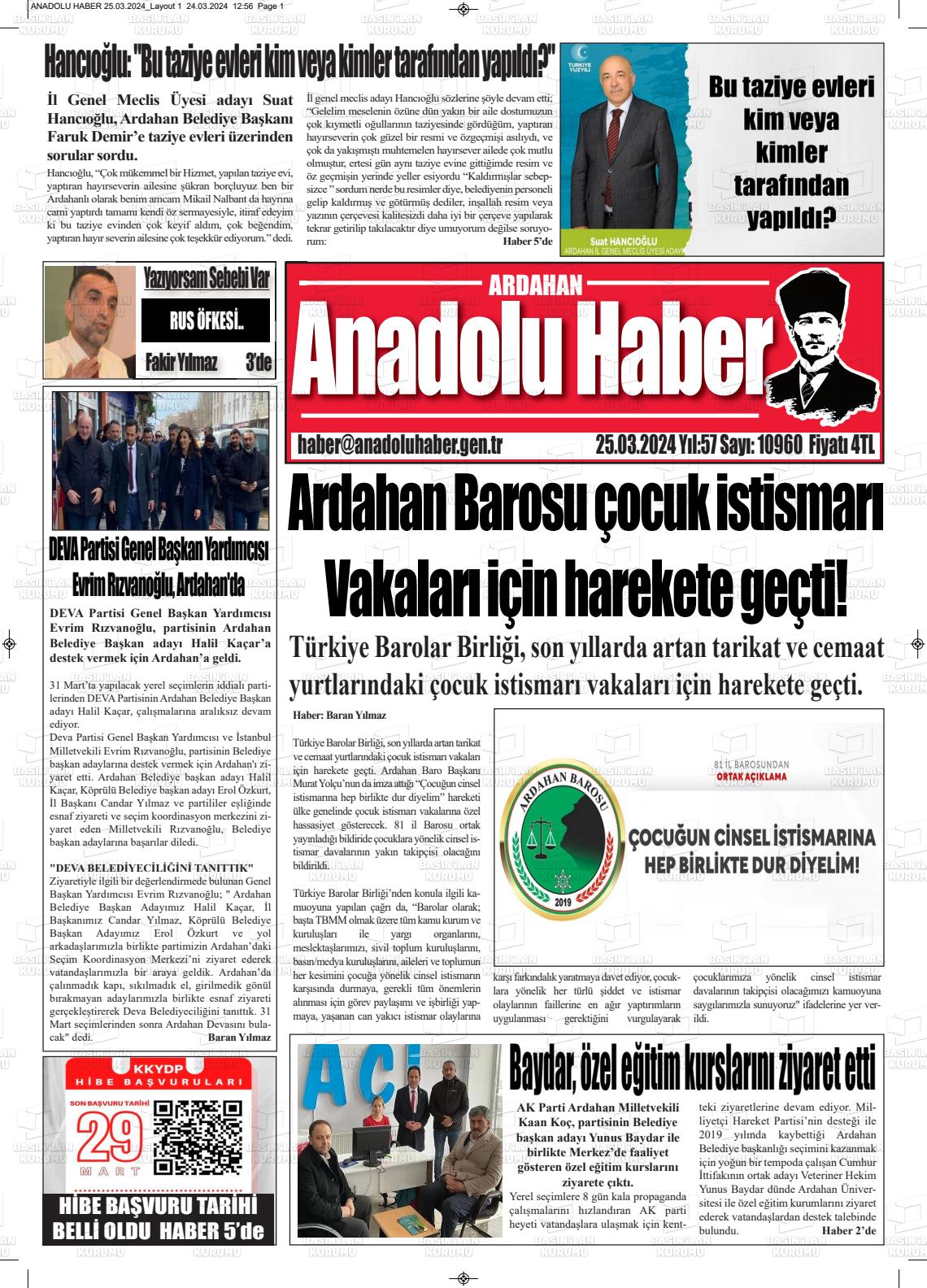 25 Mart 2024 Ardahan Anadolu Haber Gazete Manşeti