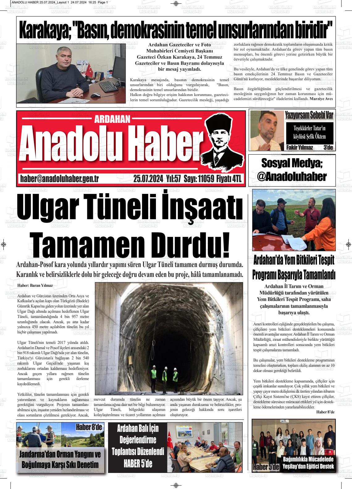 25 Temmuz 2024 Ardahan Anadolu Haber Gazete Manşeti