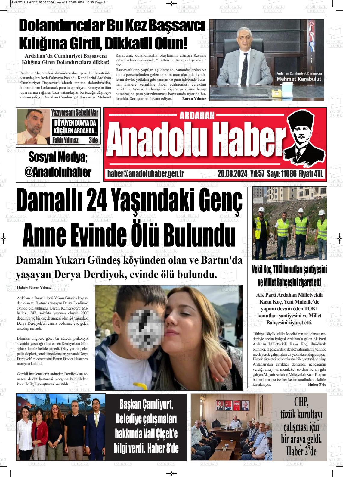 26 Ağustos 2024 Ardahan Anadolu Haber Gazete Manşeti