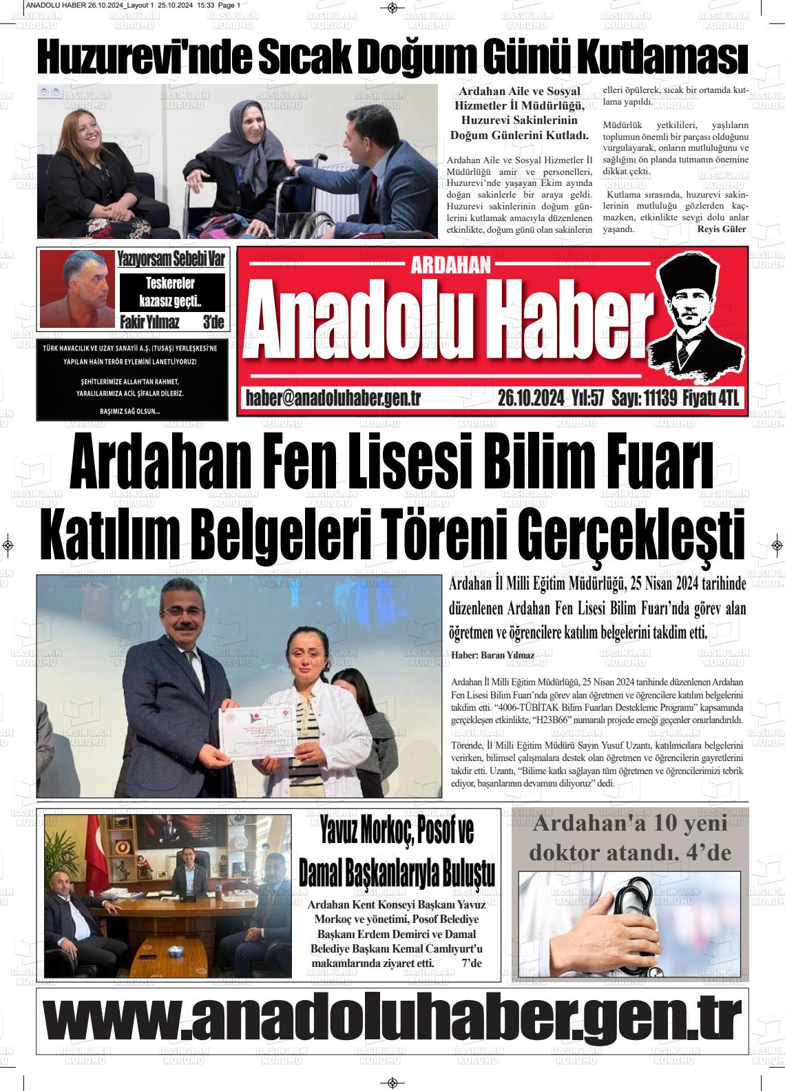 26 Ekim 2024 Ardahan Anadolu Haber Gazete Manşeti