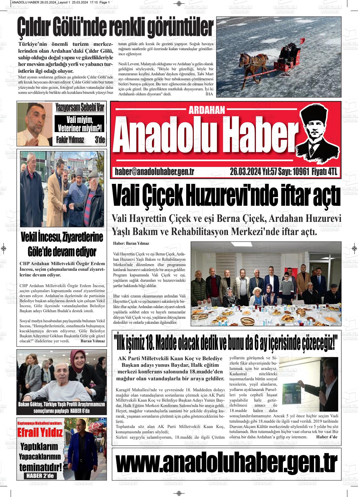 26 Mart 2024 Ardahan Anadolu Haber Gazete Manşeti