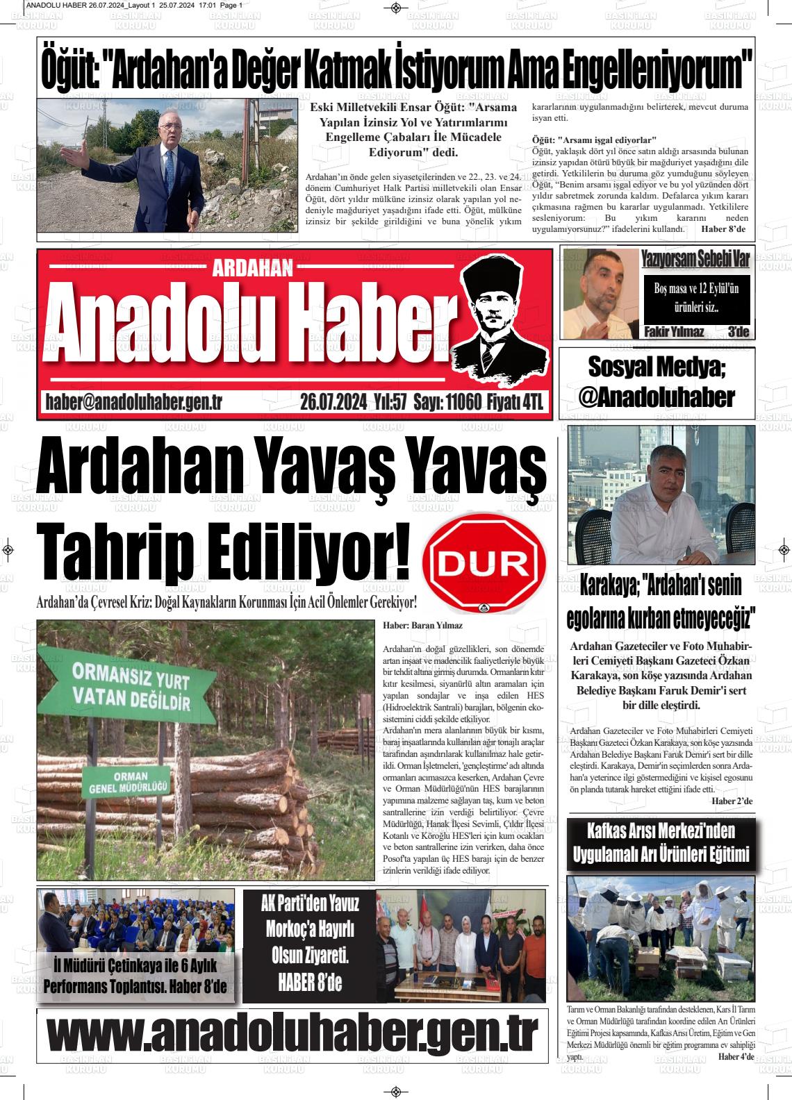 27 Temmuz 2024 Ardahan Anadolu Haber Gazete Manşeti