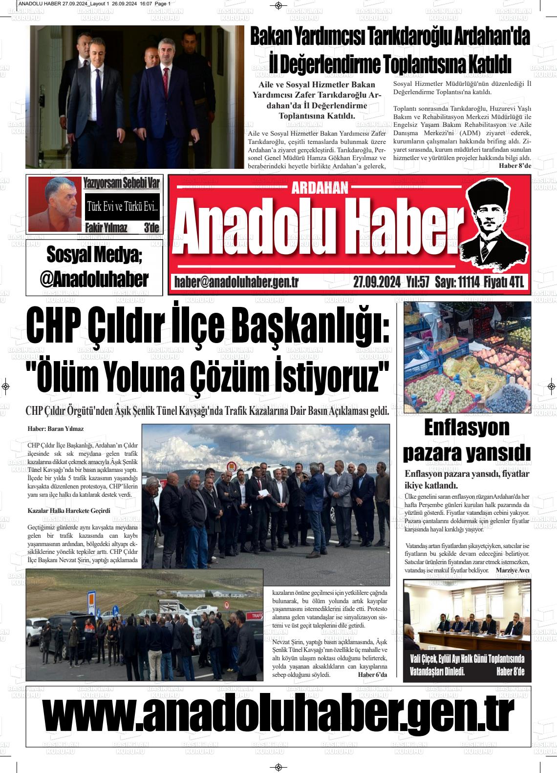 27 Eylül 2024 Ardahan Anadolu Haber Gazete Manşeti