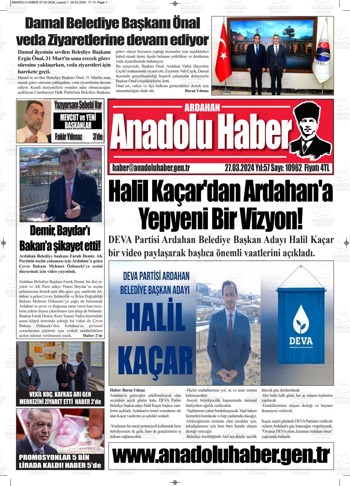 27 Mart 2024 Ardahan Anadolu Haber Gazete Manşeti