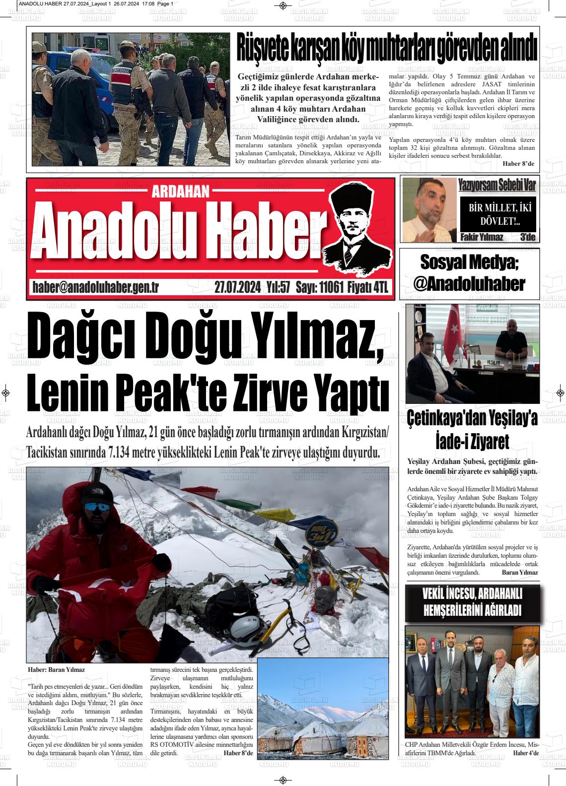 27 Temmuz 2024 Ardahan Anadolu Haber Gazete Manşeti