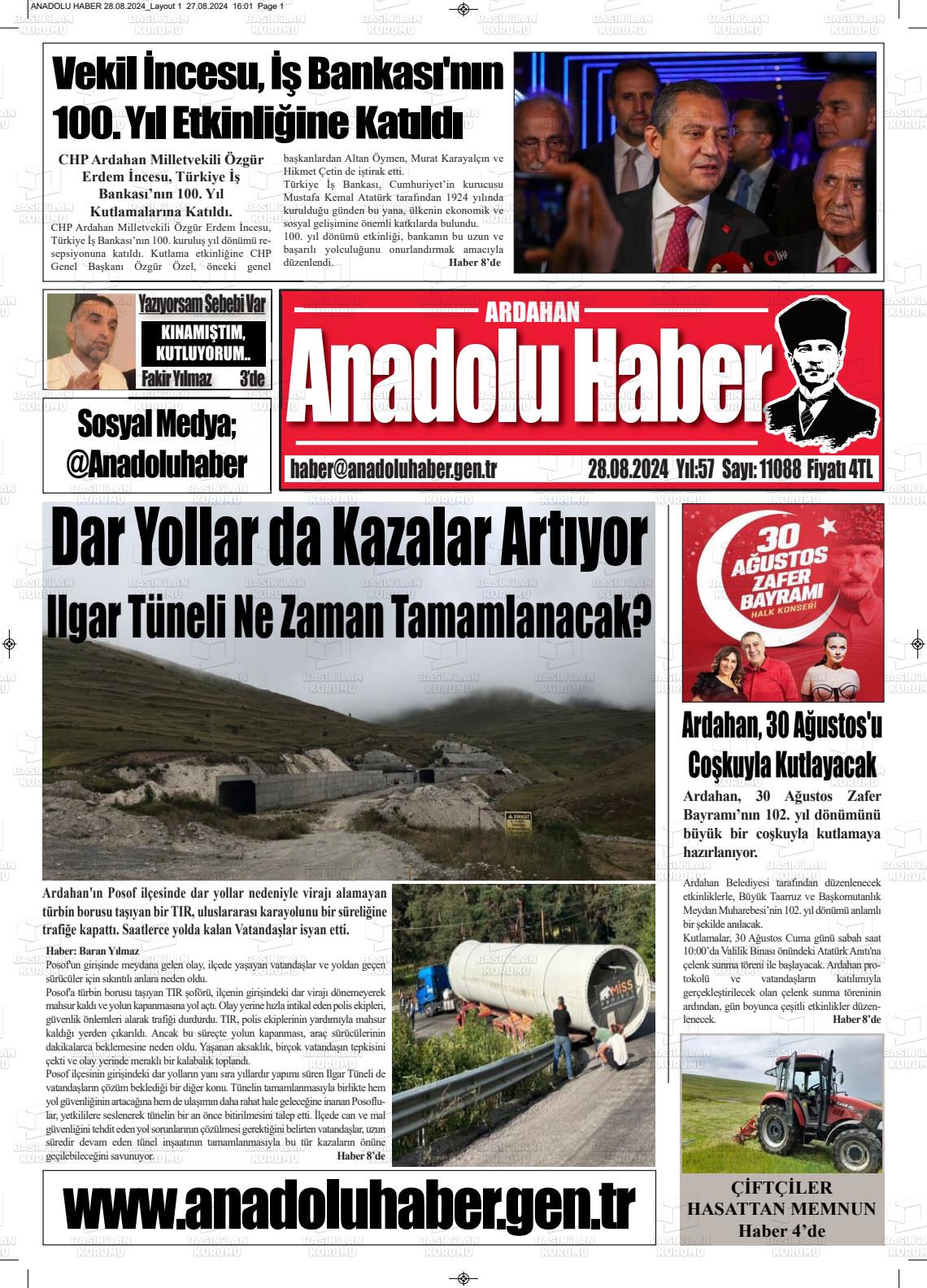 28 Ağustos 2024 Ardahan Anadolu Haber Gazete Manşeti