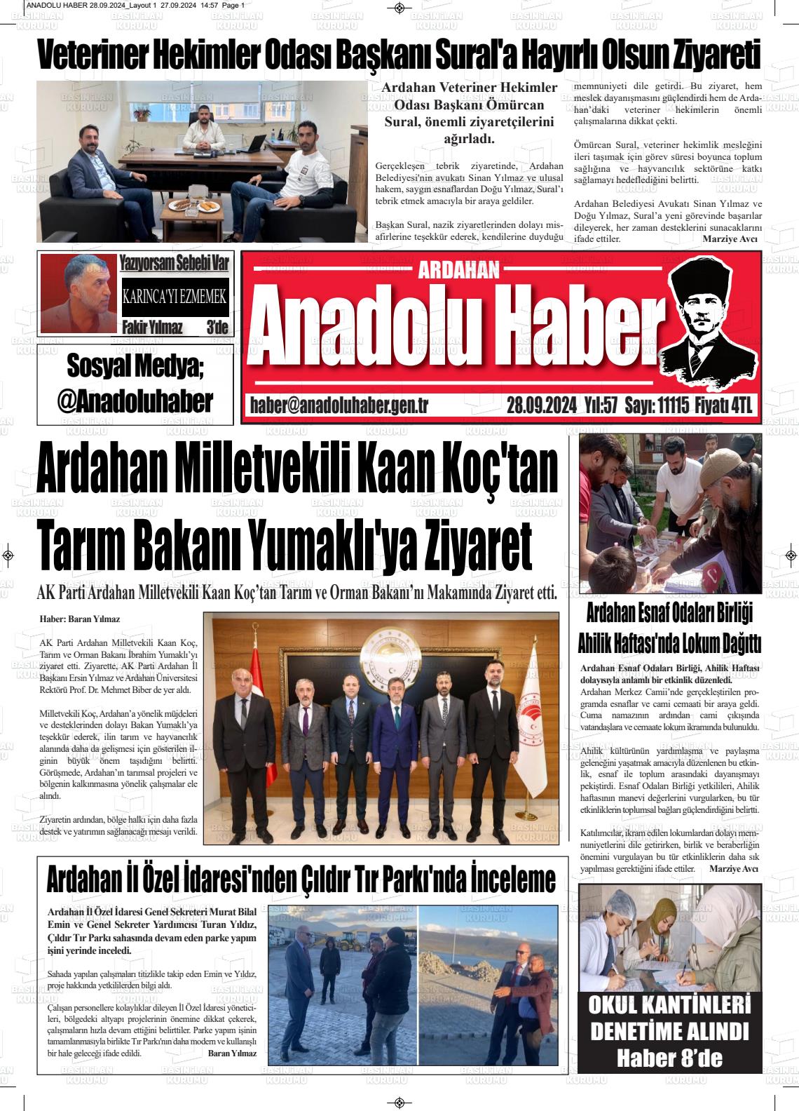 28 Eylül 2024 Ardahan Anadolu Haber Gazete Manşeti