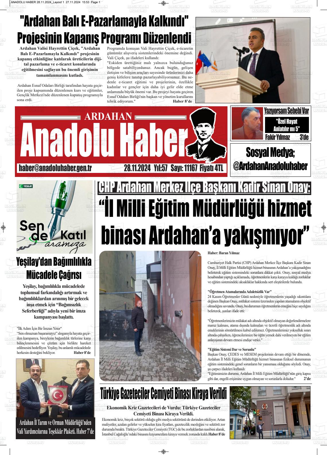 03 Aralık 2024 Ardahan Anadolu Haber Gazete Manşeti