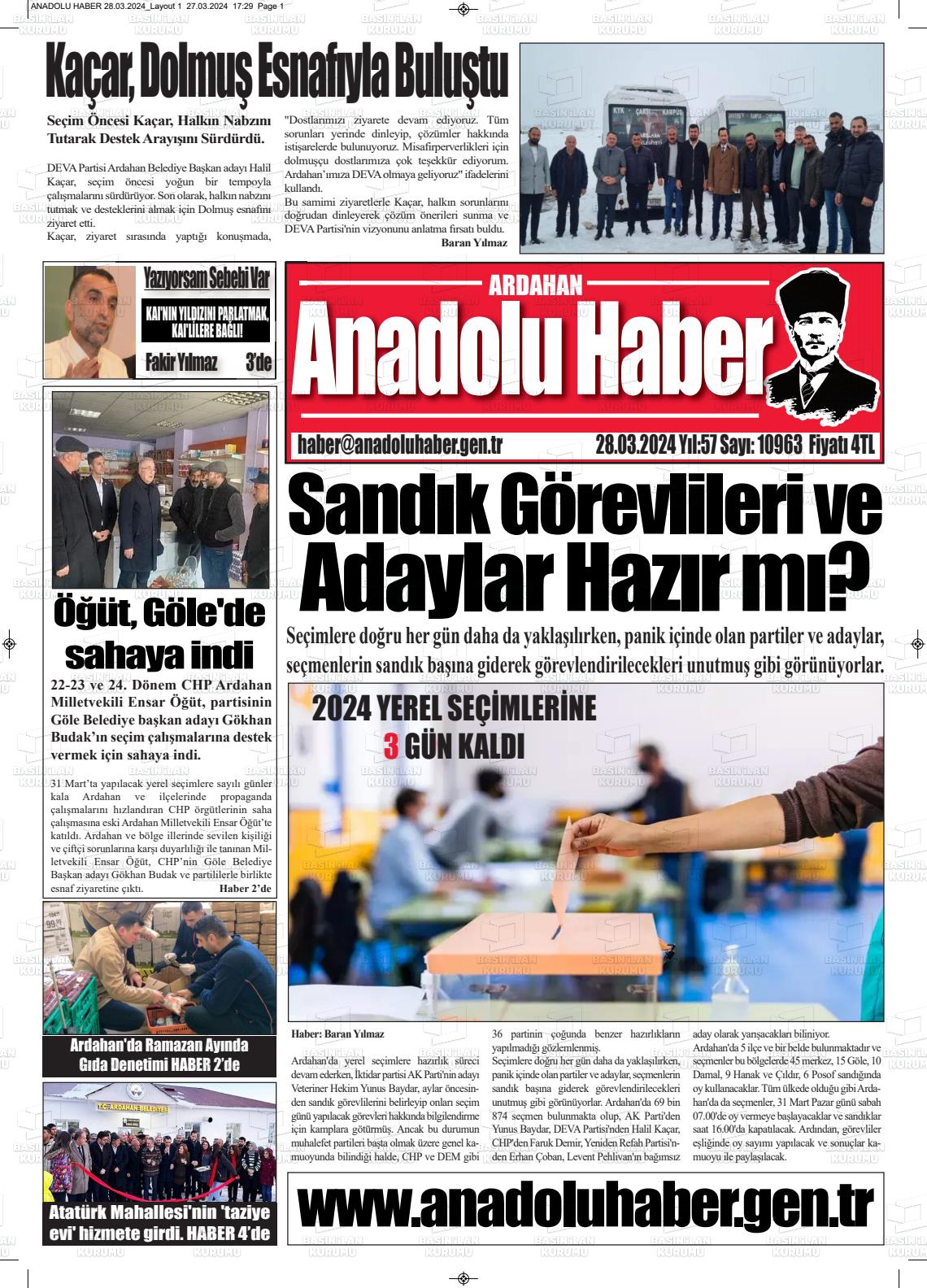 28 Mart 2024 Ardahan Anadolu Haber Gazete Manşeti