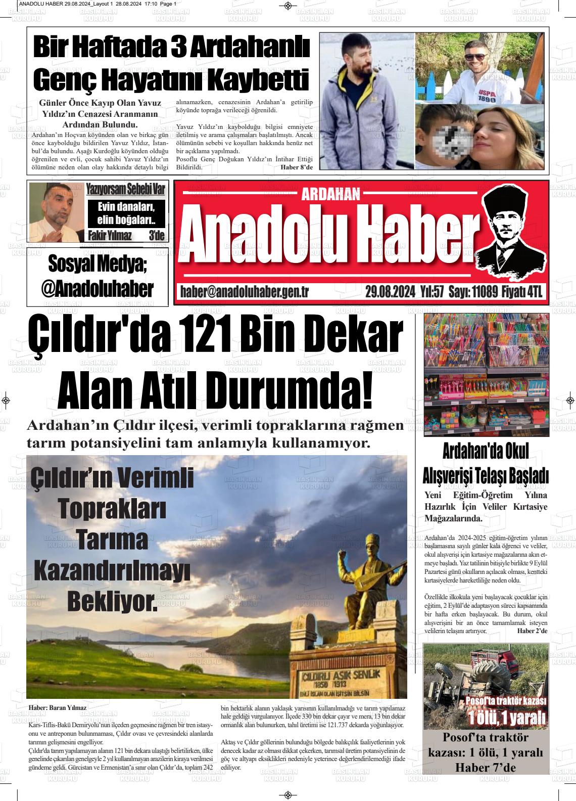 29 Ağustos 2024 Ardahan Anadolu Haber Gazete Manşeti