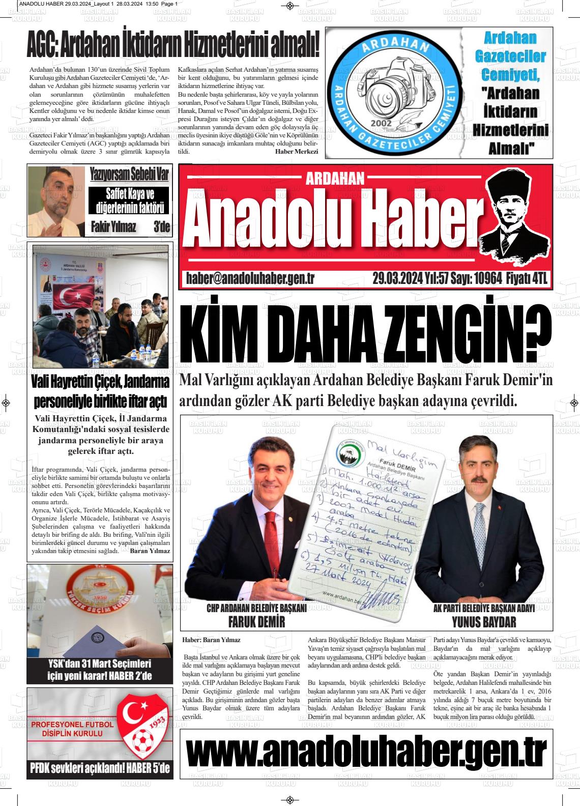 29 Mart 2024 Ardahan Anadolu Haber Gazete Manşeti