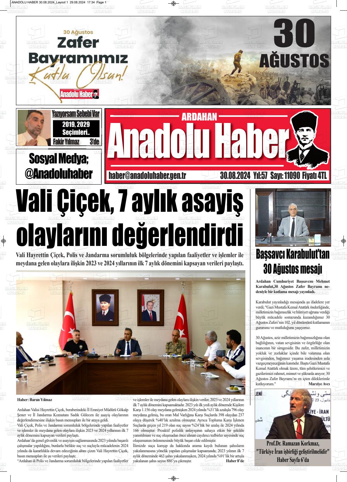 30 Ağustos 2024 Ardahan Anadolu Haber Gazete Manşeti