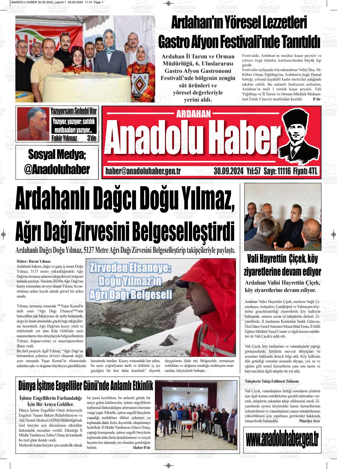 30 Eylül 2024 Ardahan Anadolu Haber Gazete Manşeti