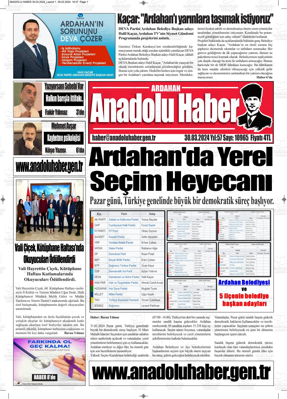 30 Mart 2024 Ardahan Anadolu Haber Gazete Manşeti