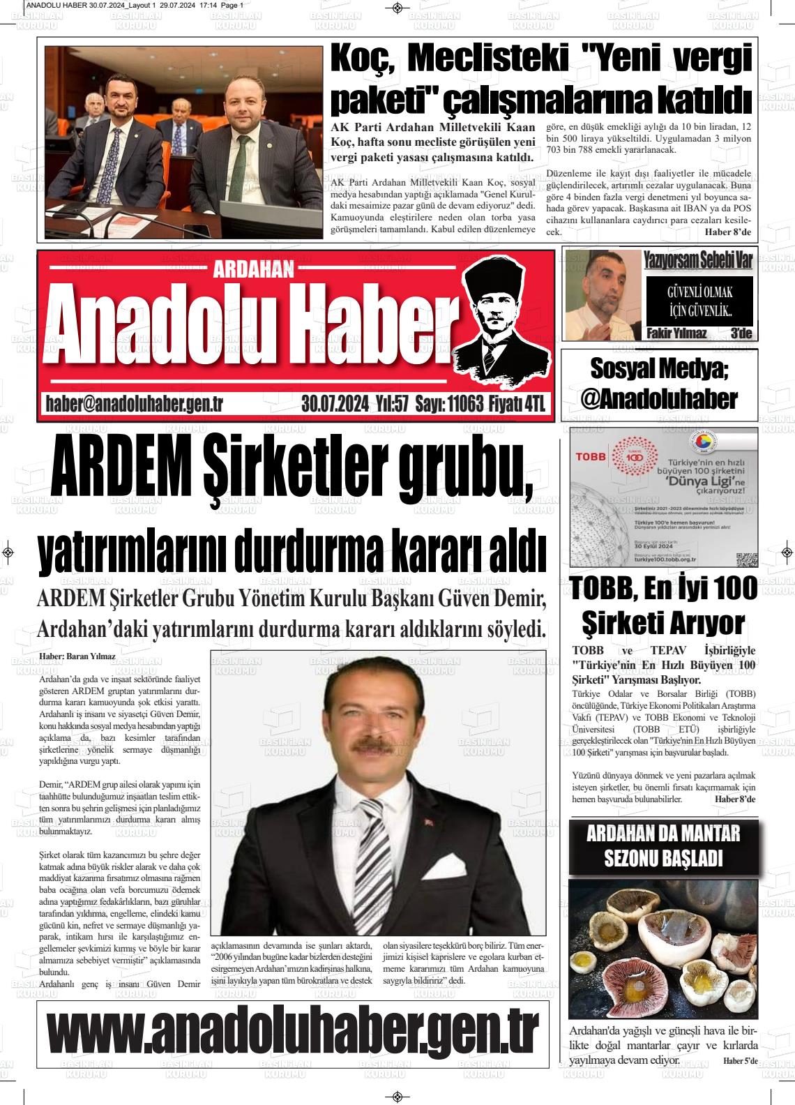 30 Temmuz 2024 Ardahan Anadolu Haber Gazete Manşeti