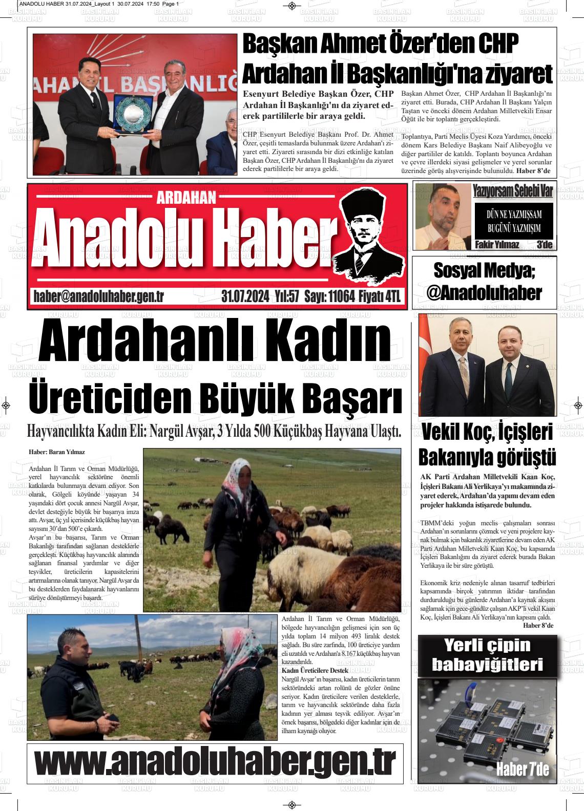 31 Temmuz 2024 Ardahan Anadolu Haber Gazete Manşeti