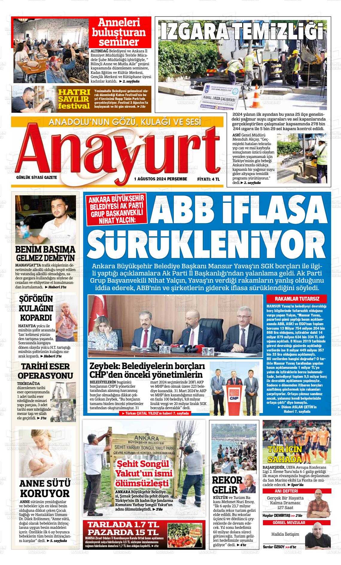 01 Ağustos 2024 Anayurt Gazete Manşeti