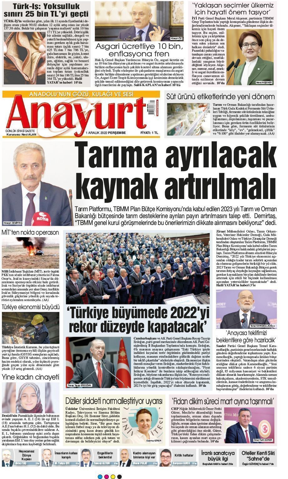 01 Aralık 2022 Anayurt Gazete Manşeti