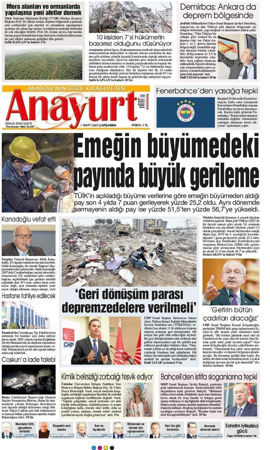 01 Mart 2023 Anayurt Gazete Manşeti