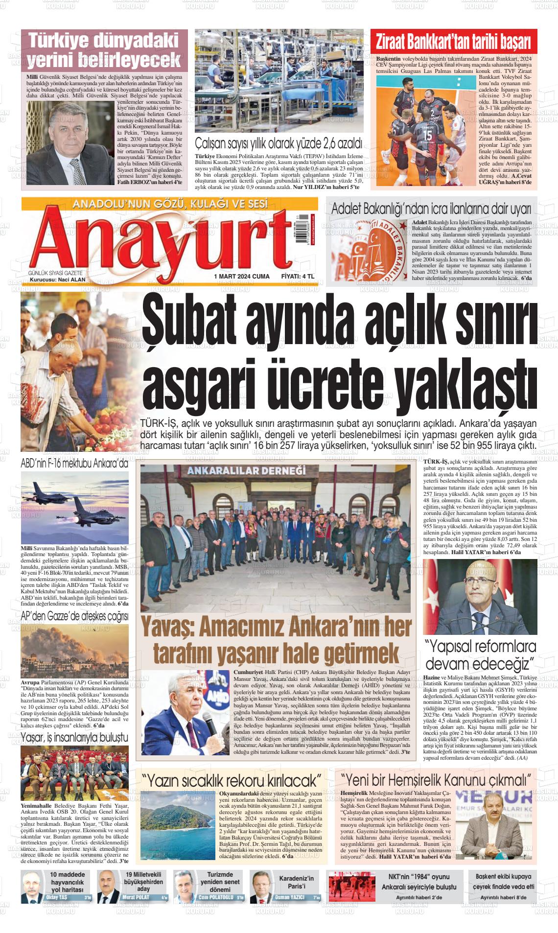 01 Mart 2024 Anayurt Gazete Manşeti