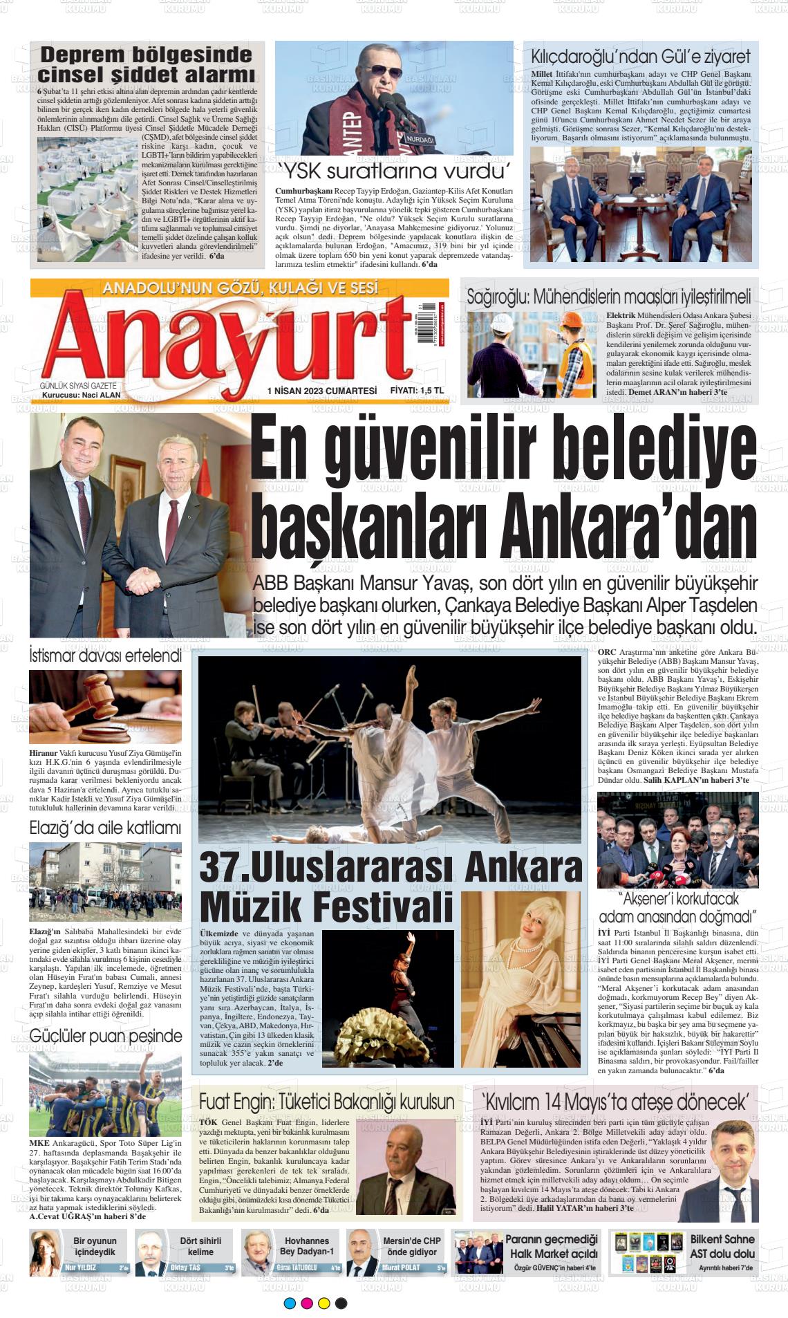 01 Nisan 2023 Anayurt Gazete Manşeti