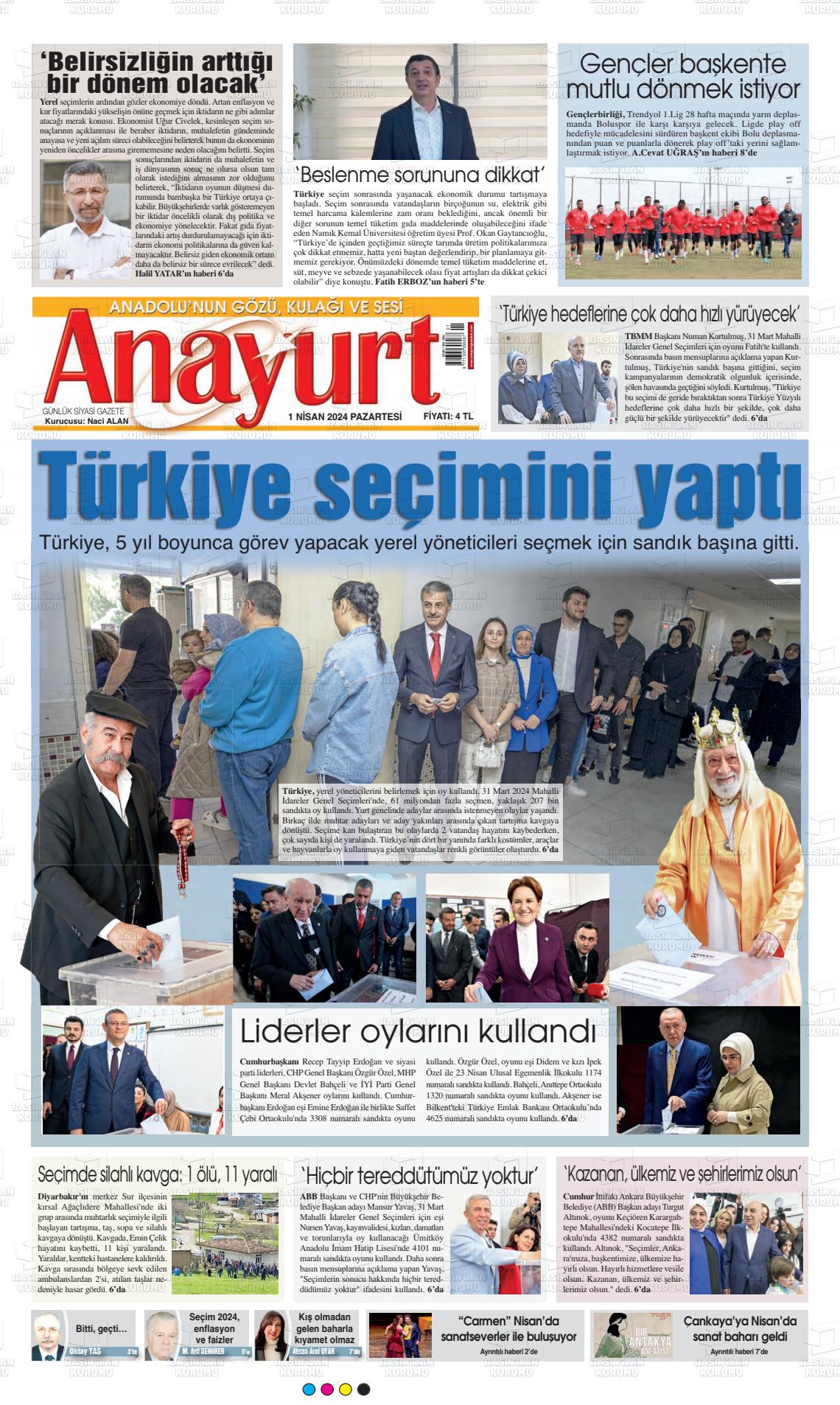 01 Nisan 2024 Anayurt Gazete Manşeti