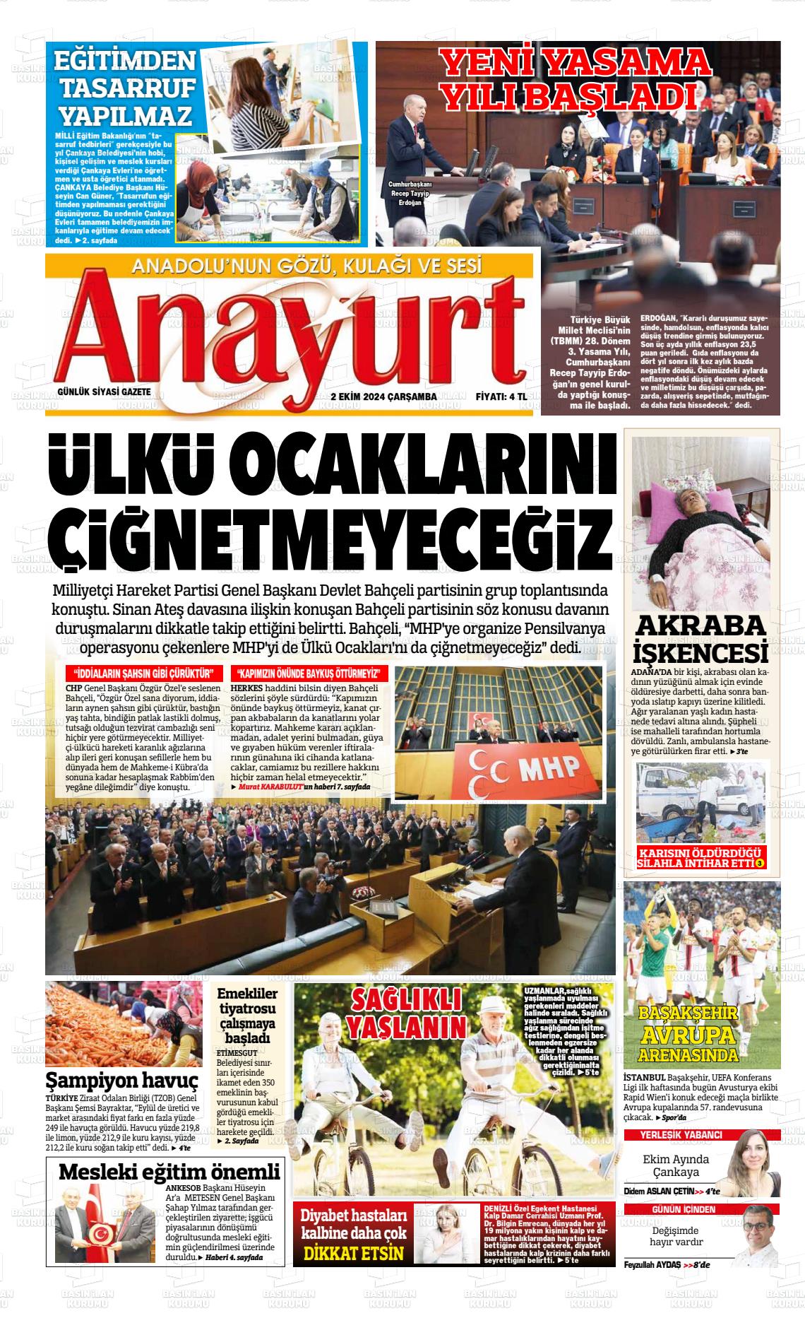 02 Ekim 2024 Anayurt Gazete Manşeti