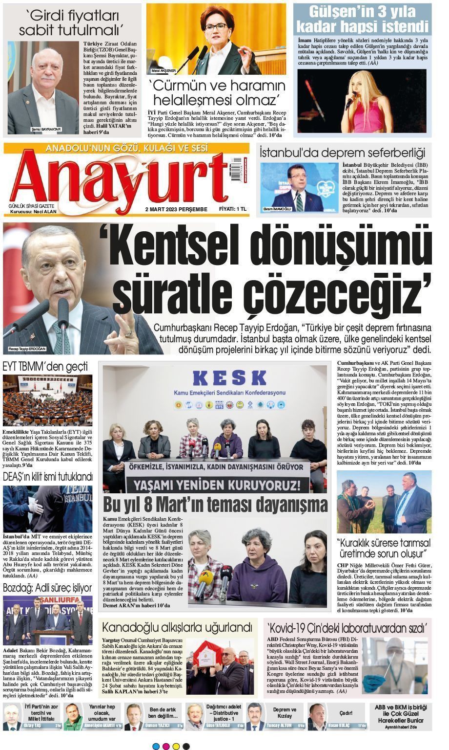 02 Mart 2023 Anayurt Gazete Manşeti