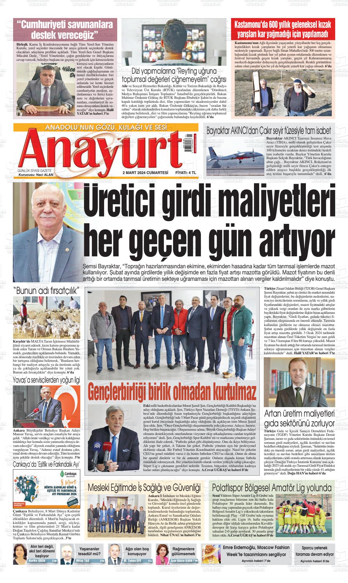 02 Mart 2024 Anayurt Gazete Manşeti