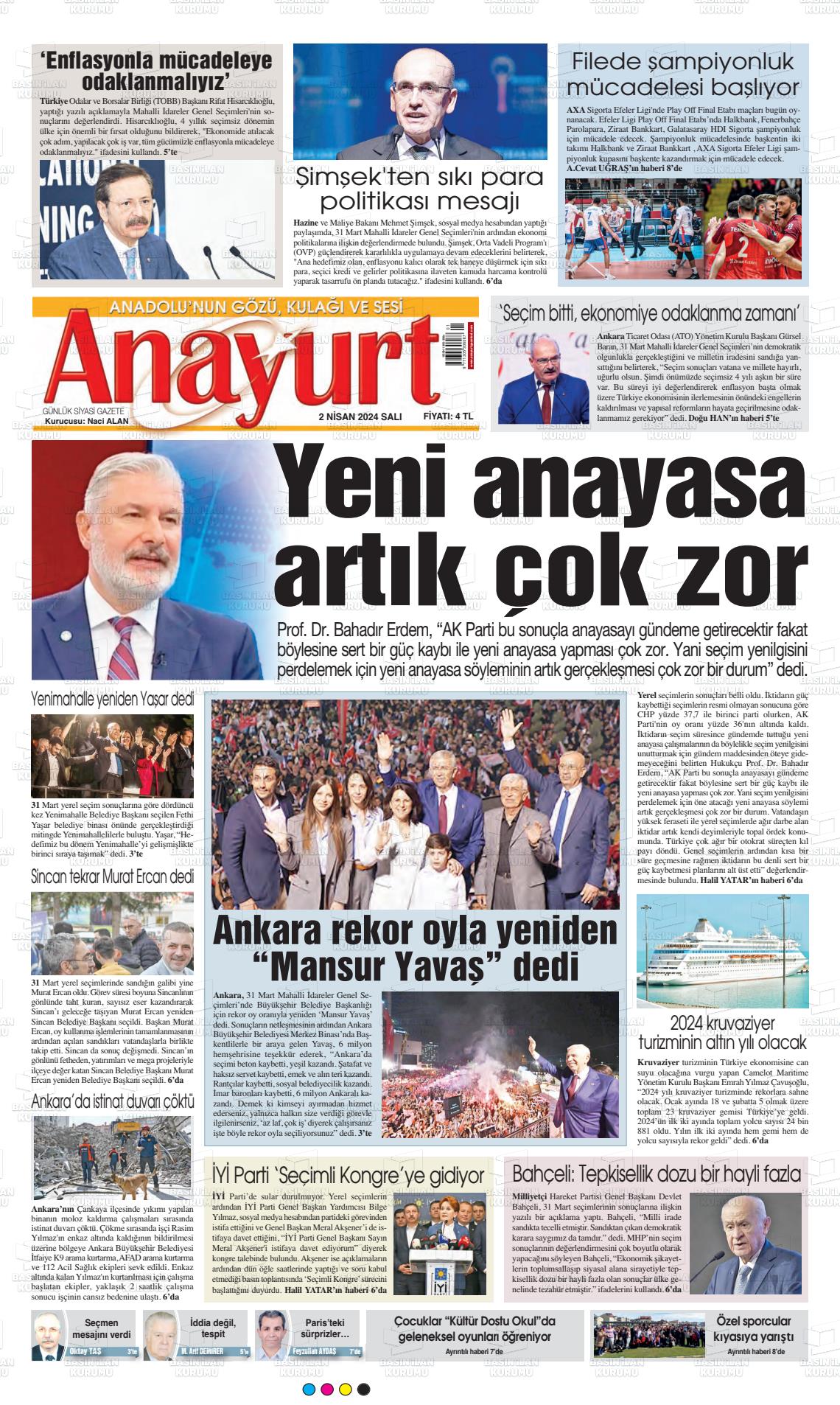 02 Nisan 2024 Anayurt Gazete Manşeti