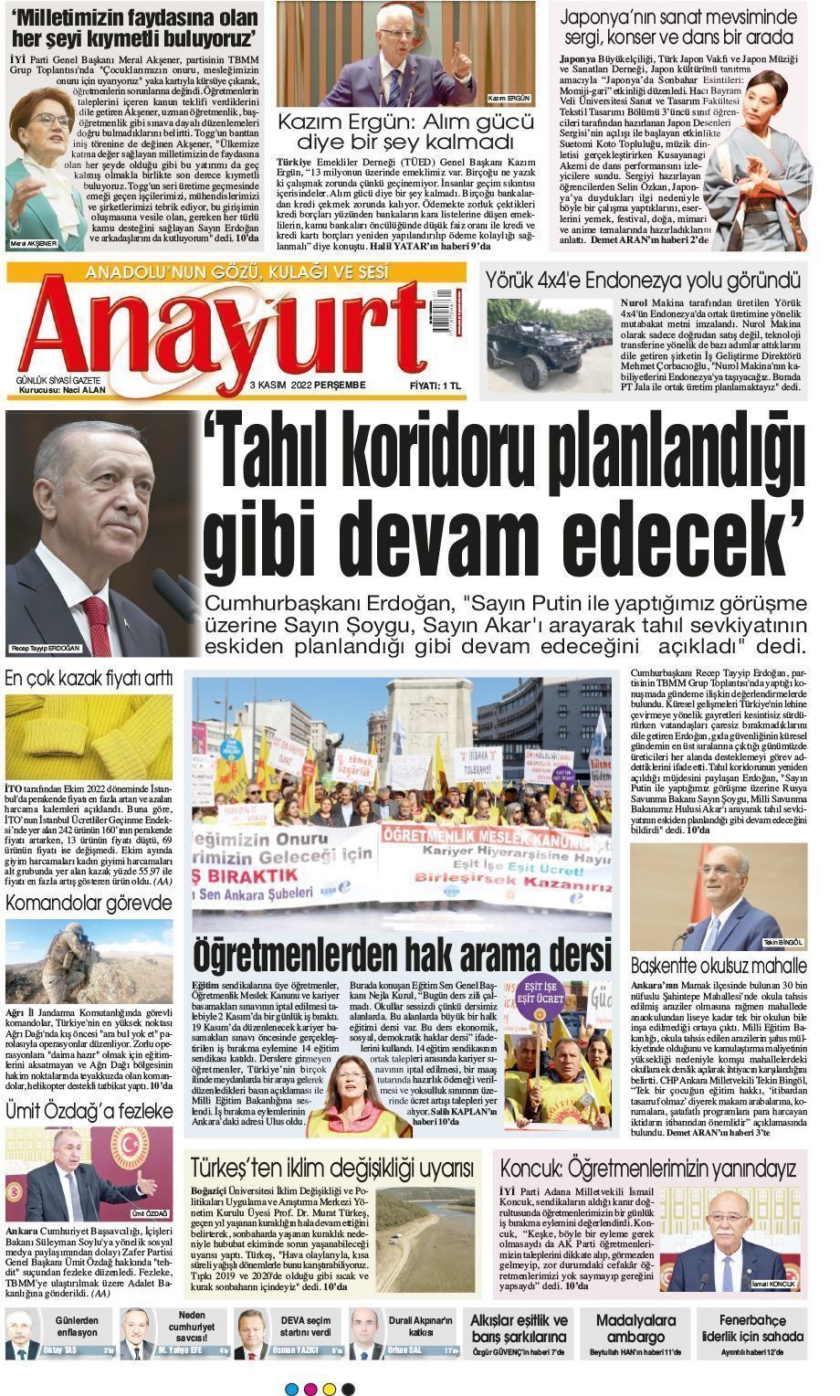 03 Kasım 2022 Anayurt Gazete Manşeti