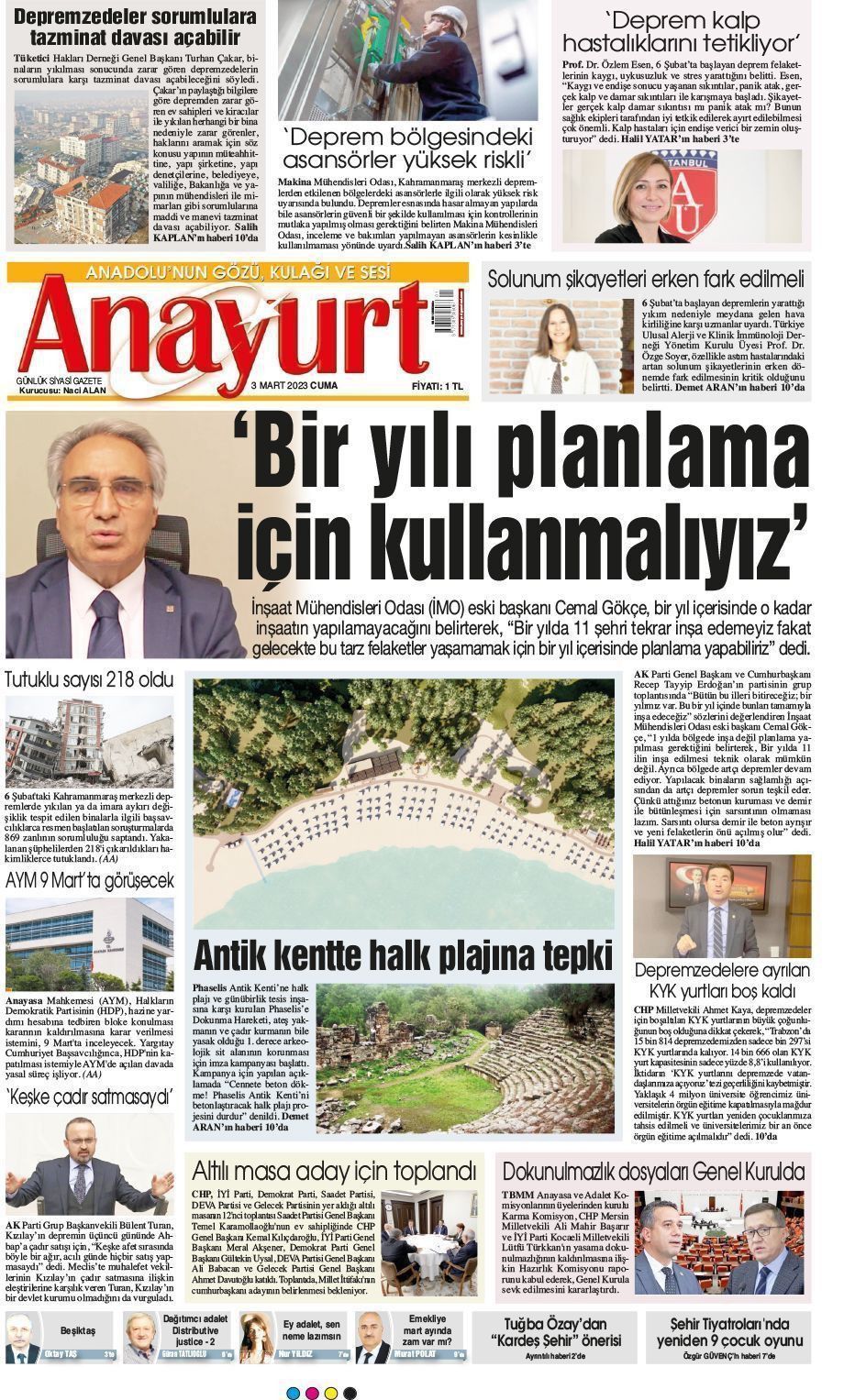 03 Mart 2023 Anayurt Gazete Manşeti