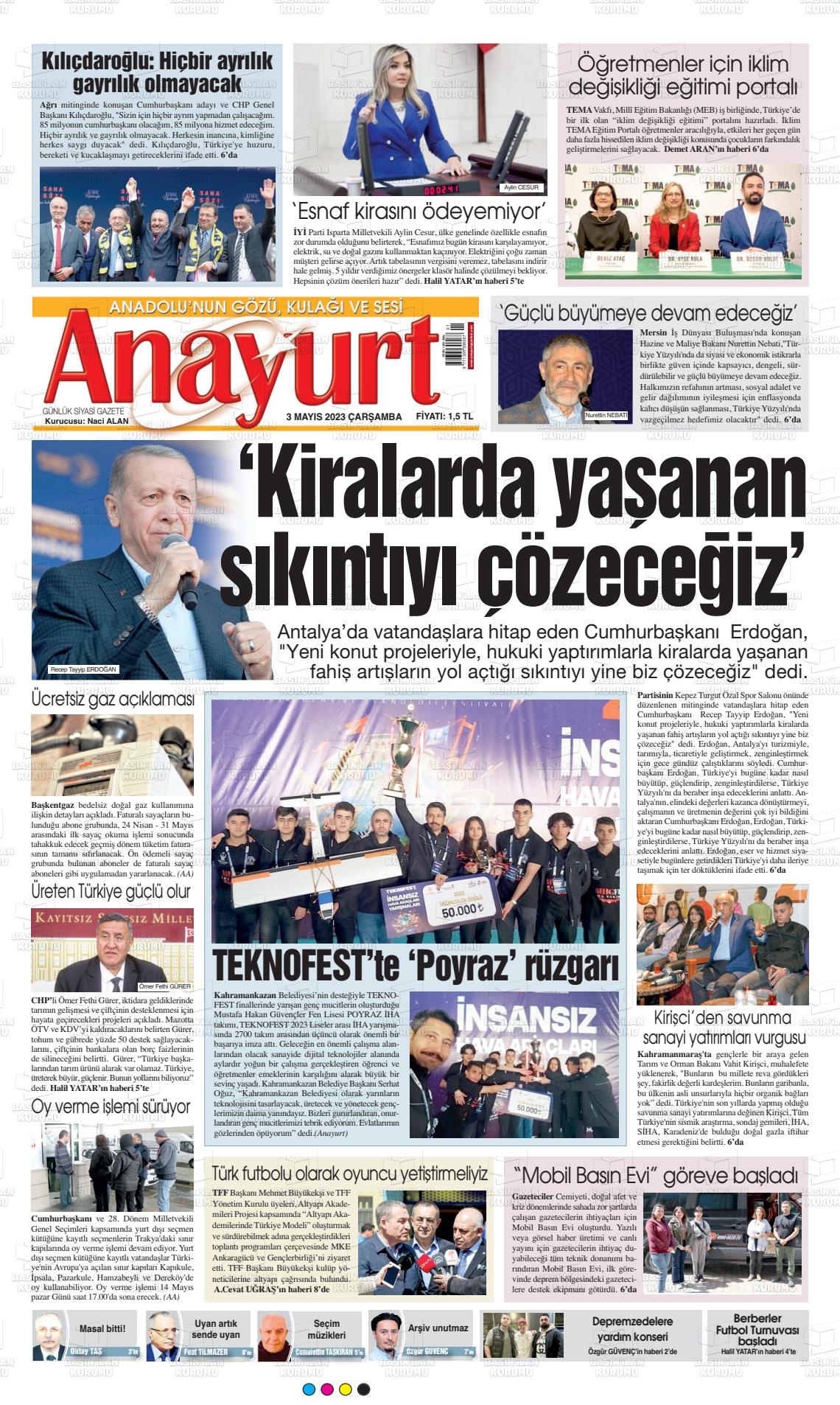 03 Mayıs 2023 Anayurt Gazete Manşeti