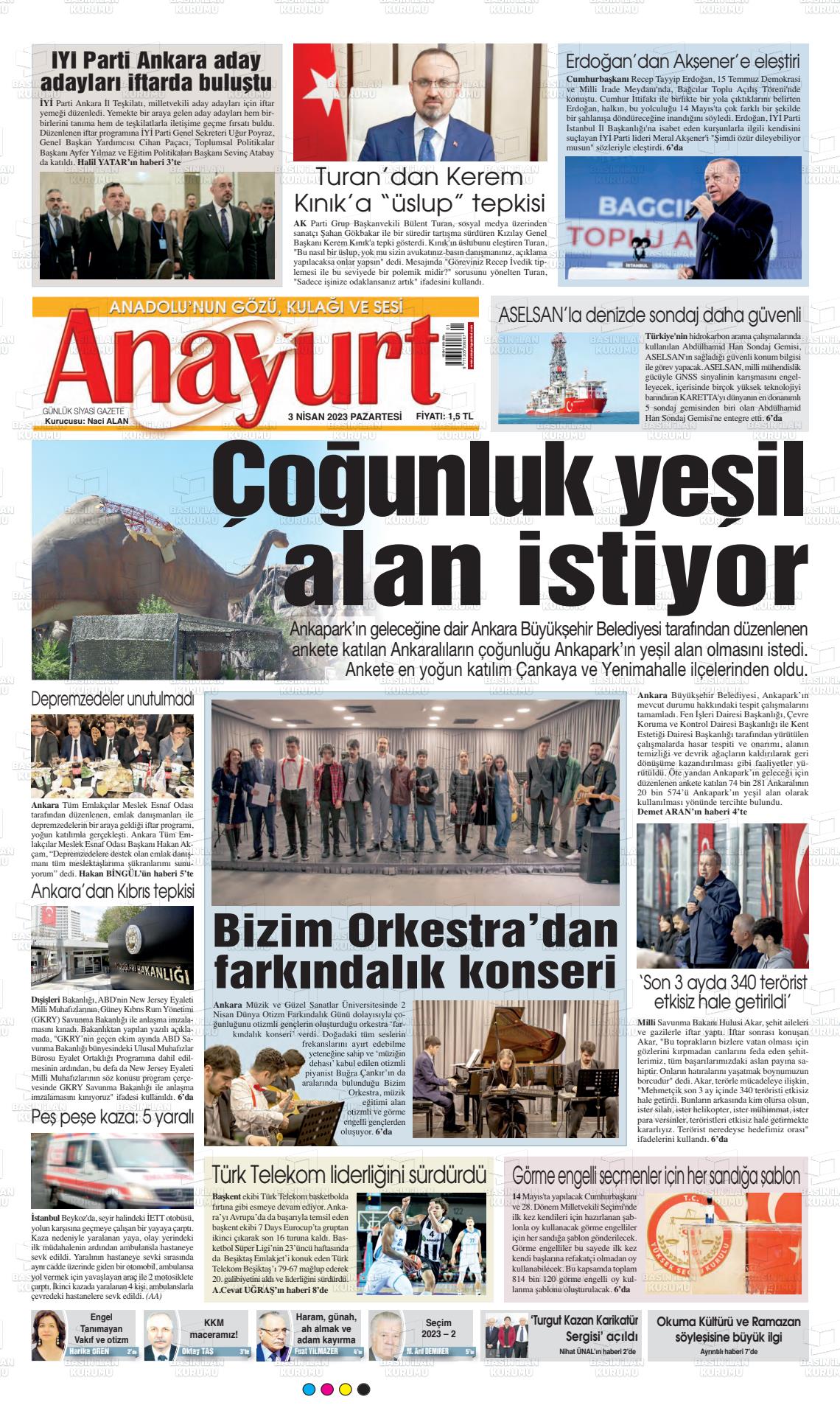 03 Nisan 2023 Anayurt Gazete Manşeti