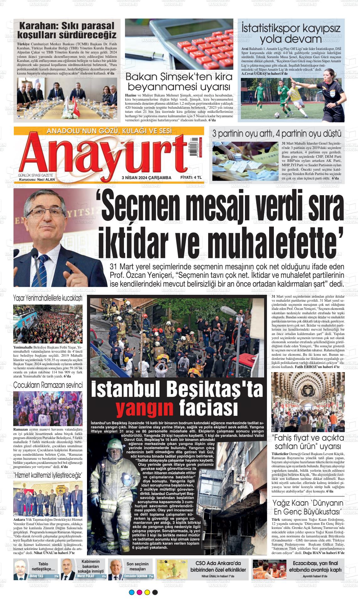 03 Nisan 2024 Anayurt Gazete Manşeti