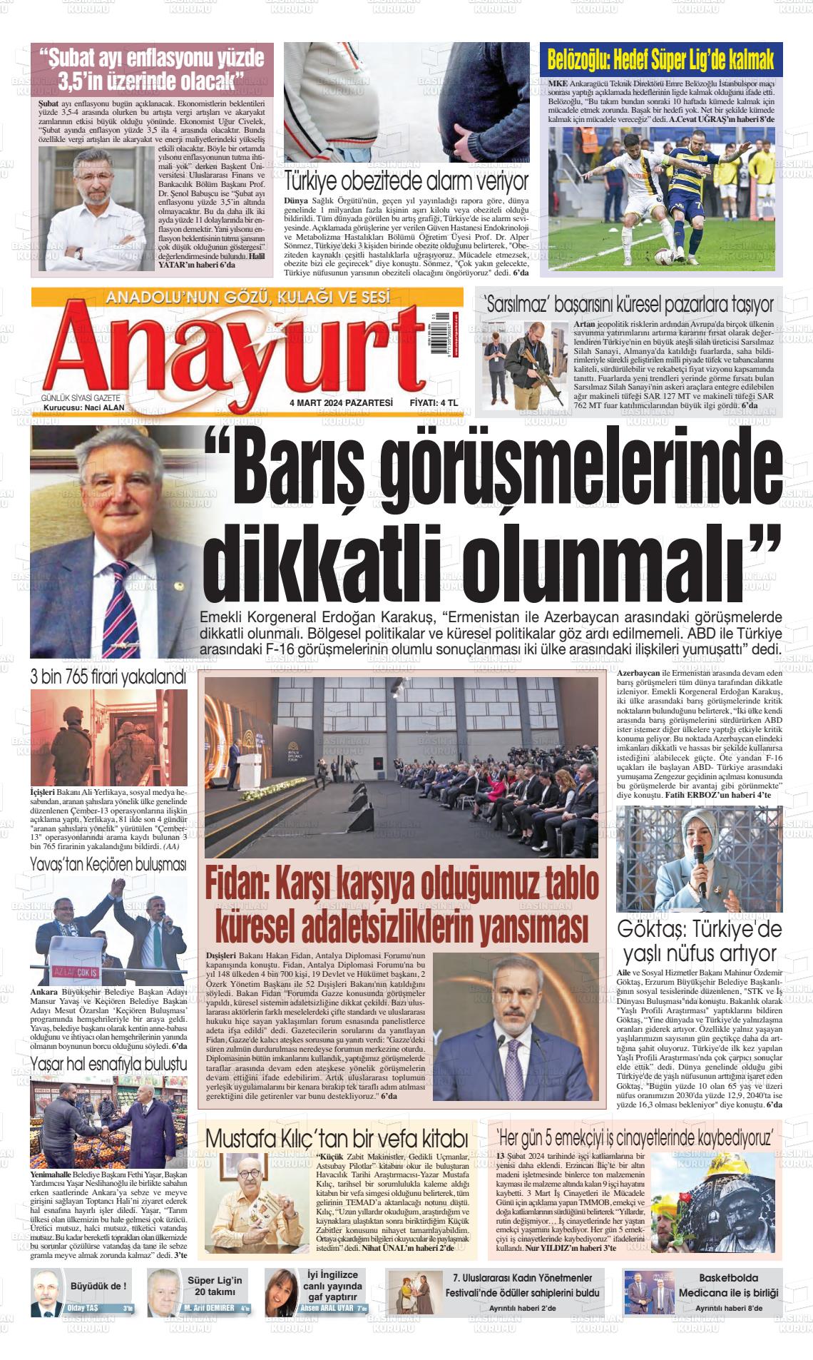 04 Mart 2024 Anayurt Gazete Manşeti