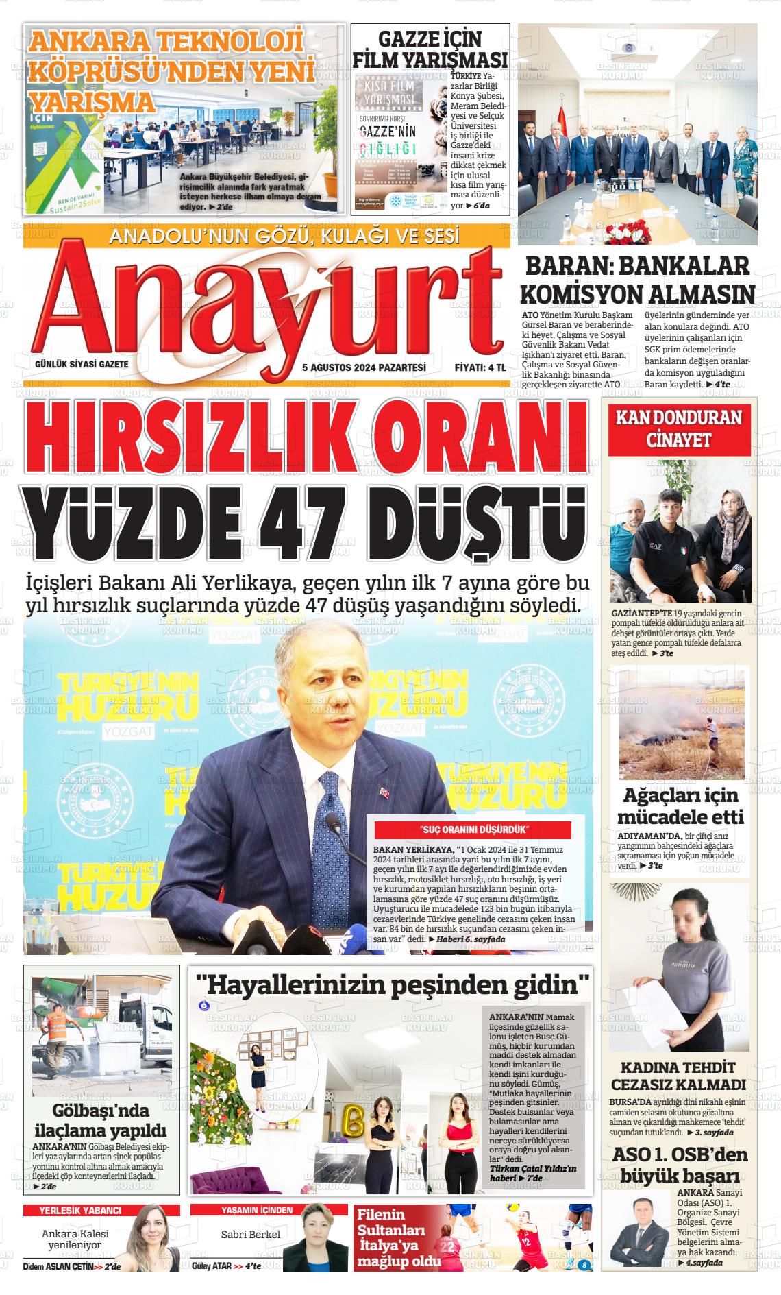 05 Ağustos 2024 Anayurt Gazete Manşeti