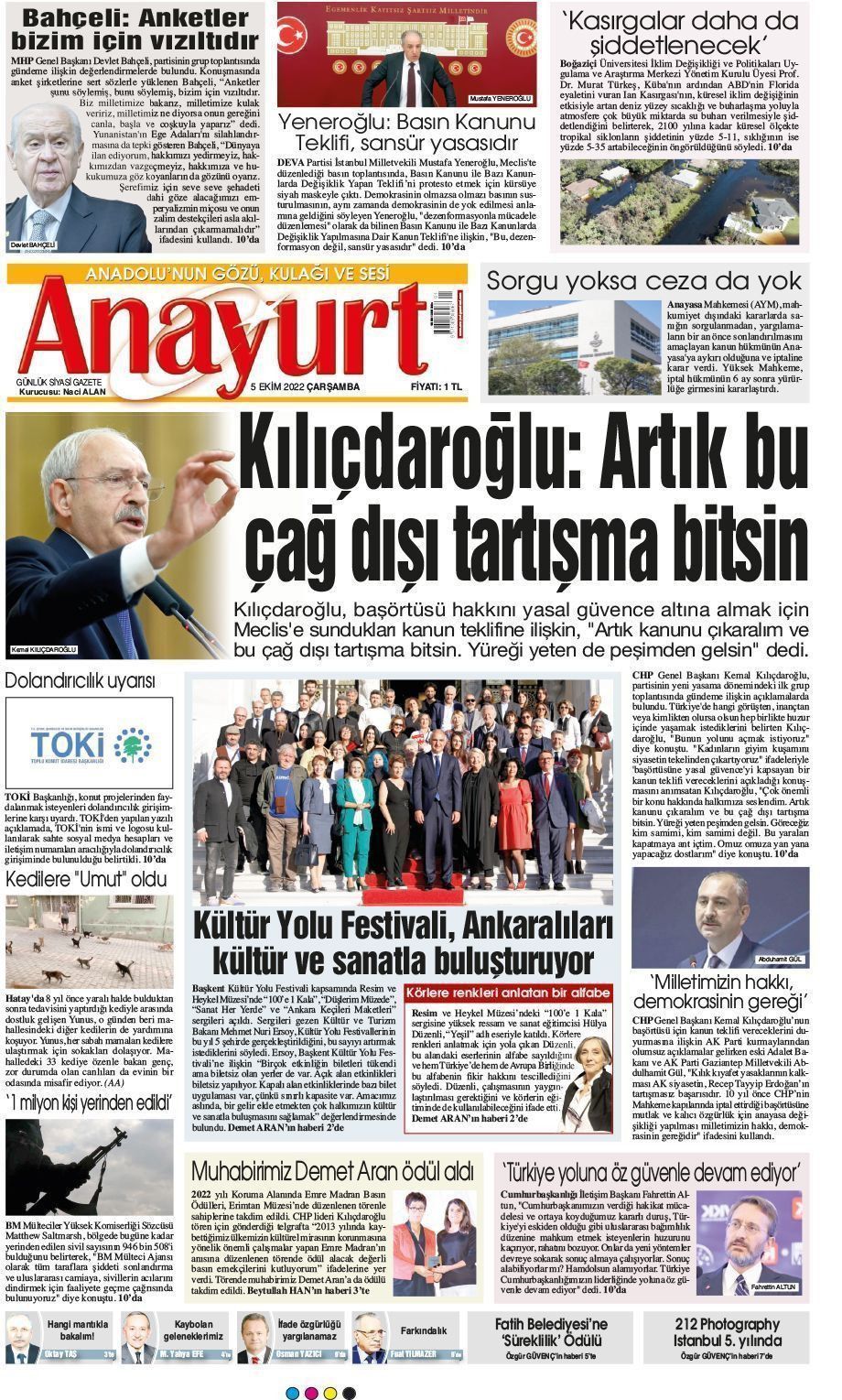 05 Ekim 2022 Anayurt Gazete Manşeti