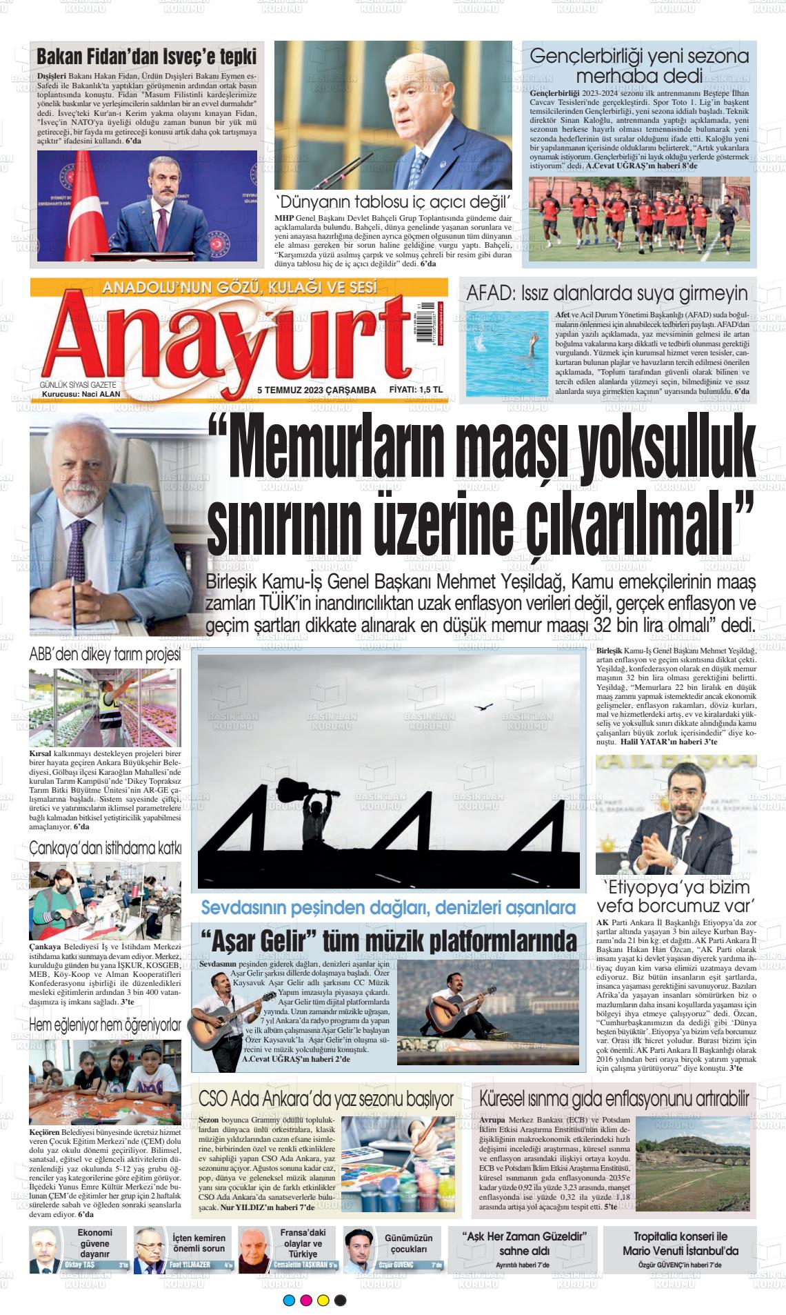 05 Temmuz 2023 Anayurt Gazete Manşeti