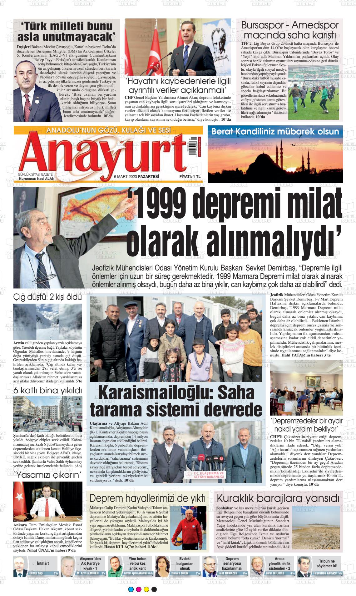 06 Mart 2023 Anayurt Gazete Manşeti