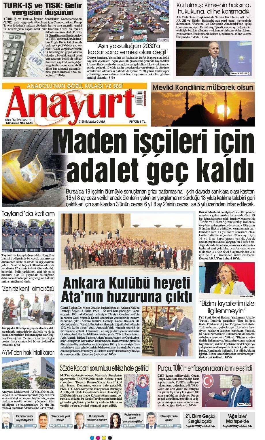 07 Ekim 2022 Anayurt Gazete Manşeti