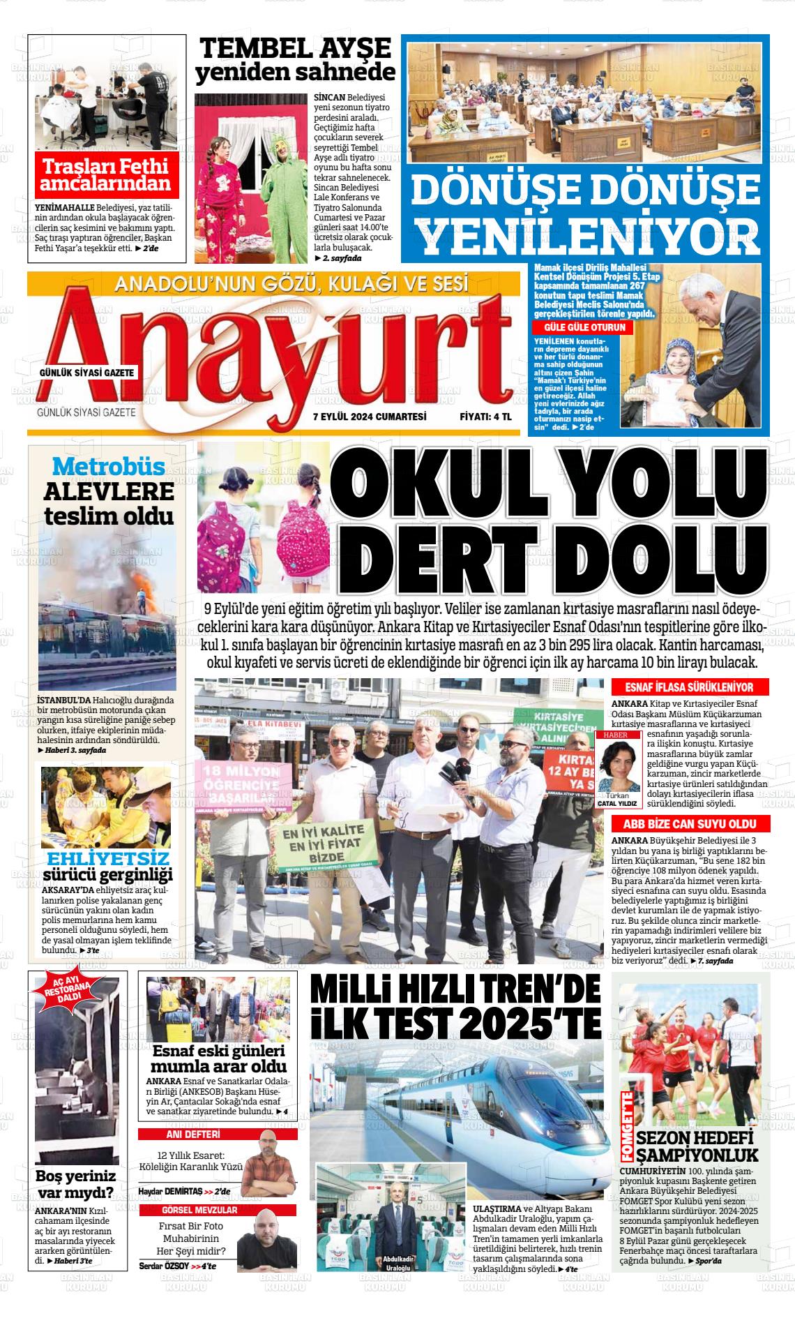 07 Eylül 2024 Anayurt Gazete Manşeti