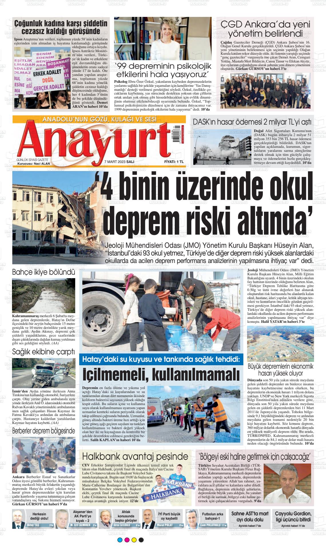 07 Mart 2023 Anayurt Gazete Manşeti