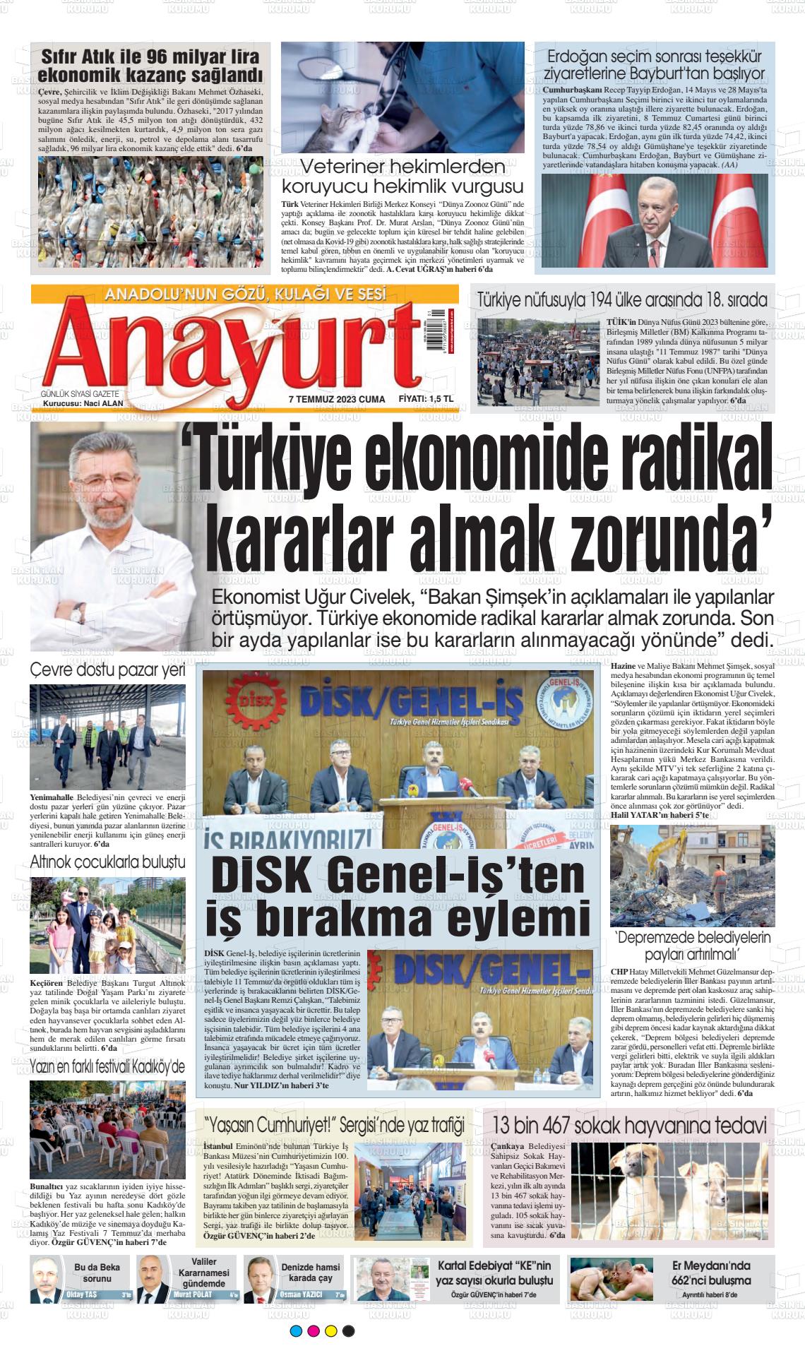 07 Temmuz 2023 Anayurt Gazete Manşeti