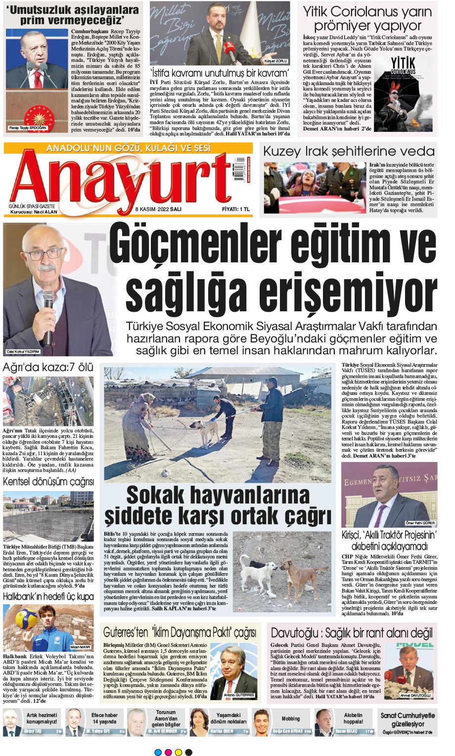 08 Kasım 2022 Anayurt Gazete Manşeti