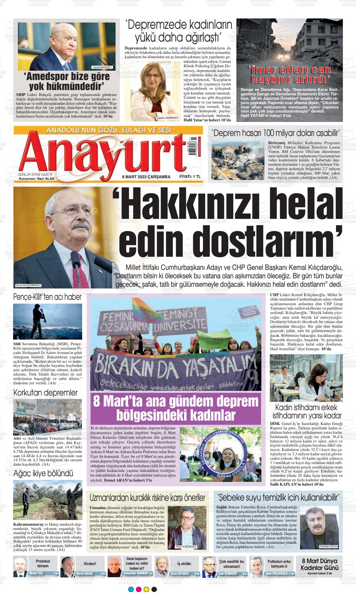 08 Mart 2023 Anayurt Gazete Manşeti