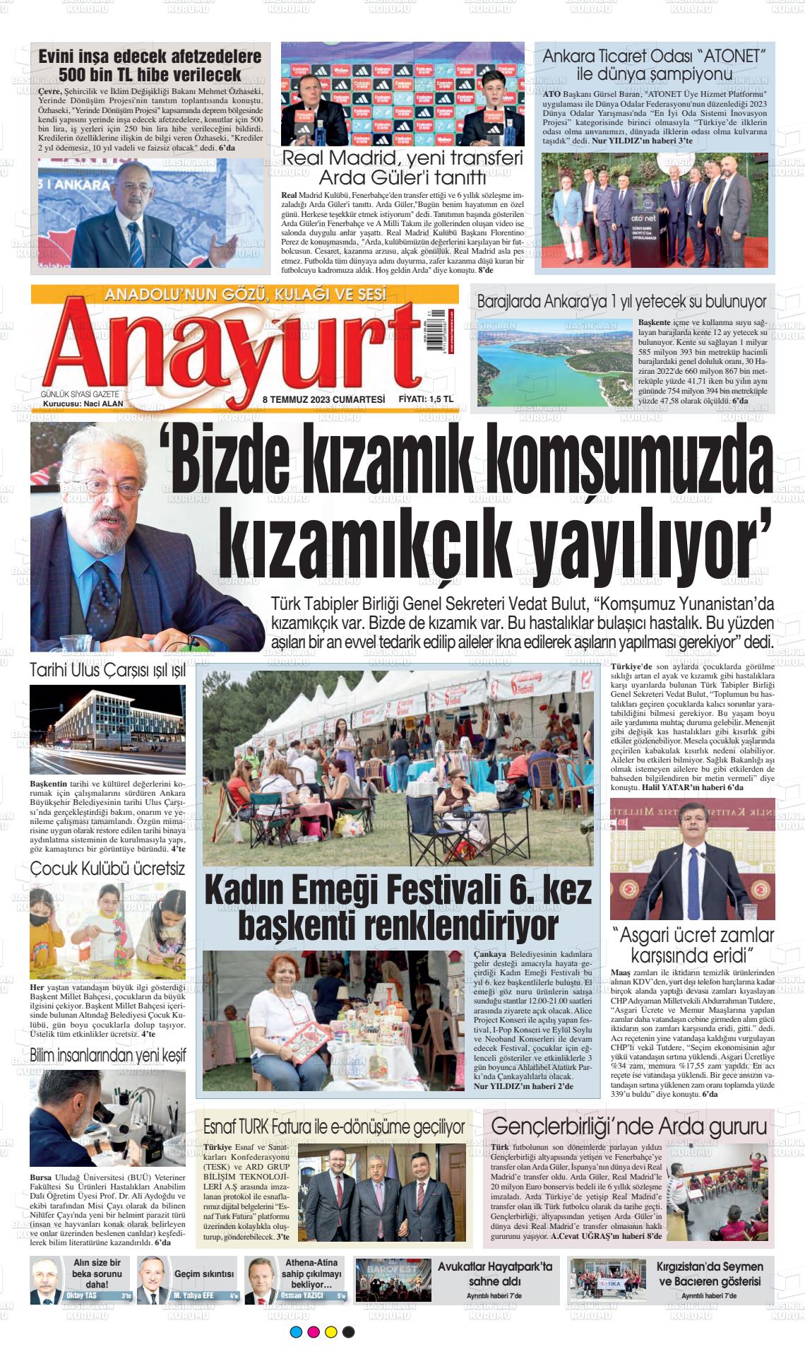 08 Temmuz 2023 Anayurt Gazete Manşeti